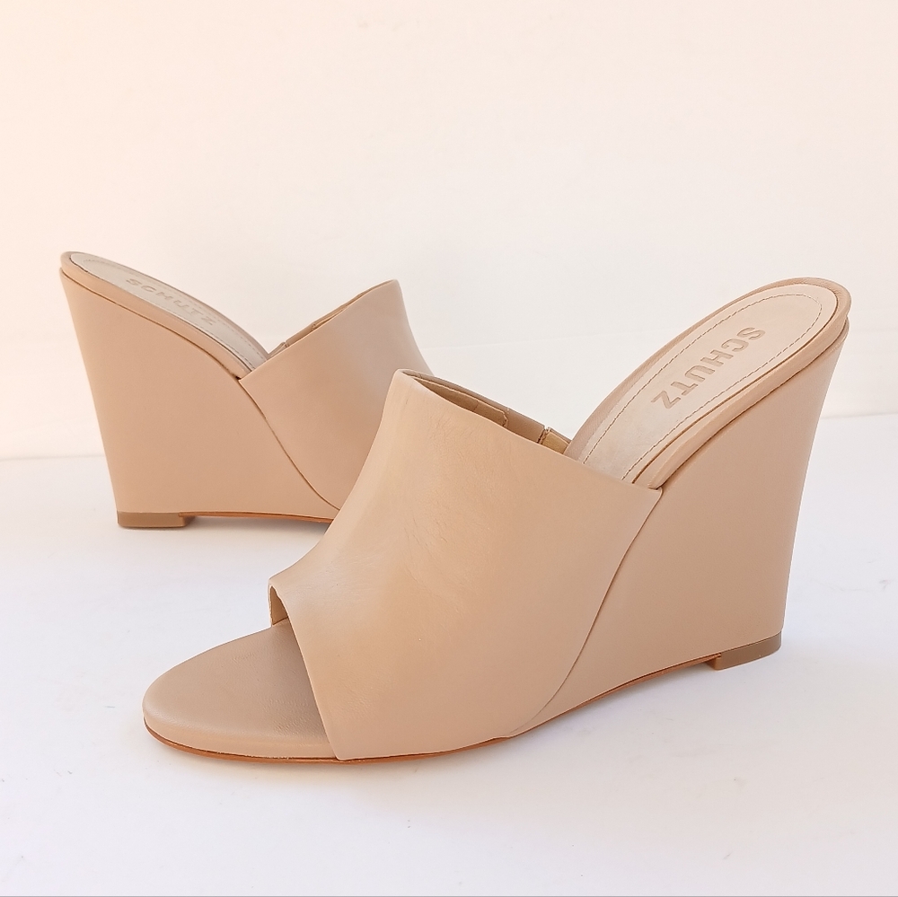 SCHUTZ Nude Tan Leather Wedge Mules